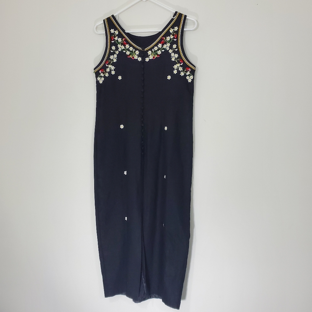 Ultra Dress New York Black Linen Dress with embroidered flowers, Size 8P